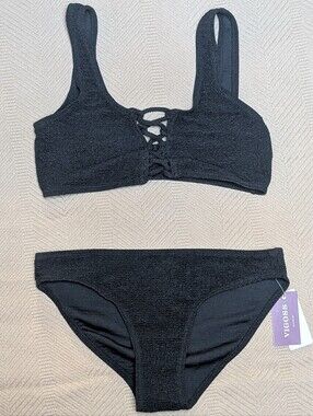 Vigoss Black Lace-Up Textured Two-Piece Swim Set
